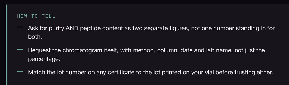 Cropped detail from page 11 of Book Four: the HOW TO TELL panel — three checks a buyer can run, asking for purity and peptide content as separate figures, requesting the chromatogram with method and lab name, and matching the certificate's lot number to the vial's.