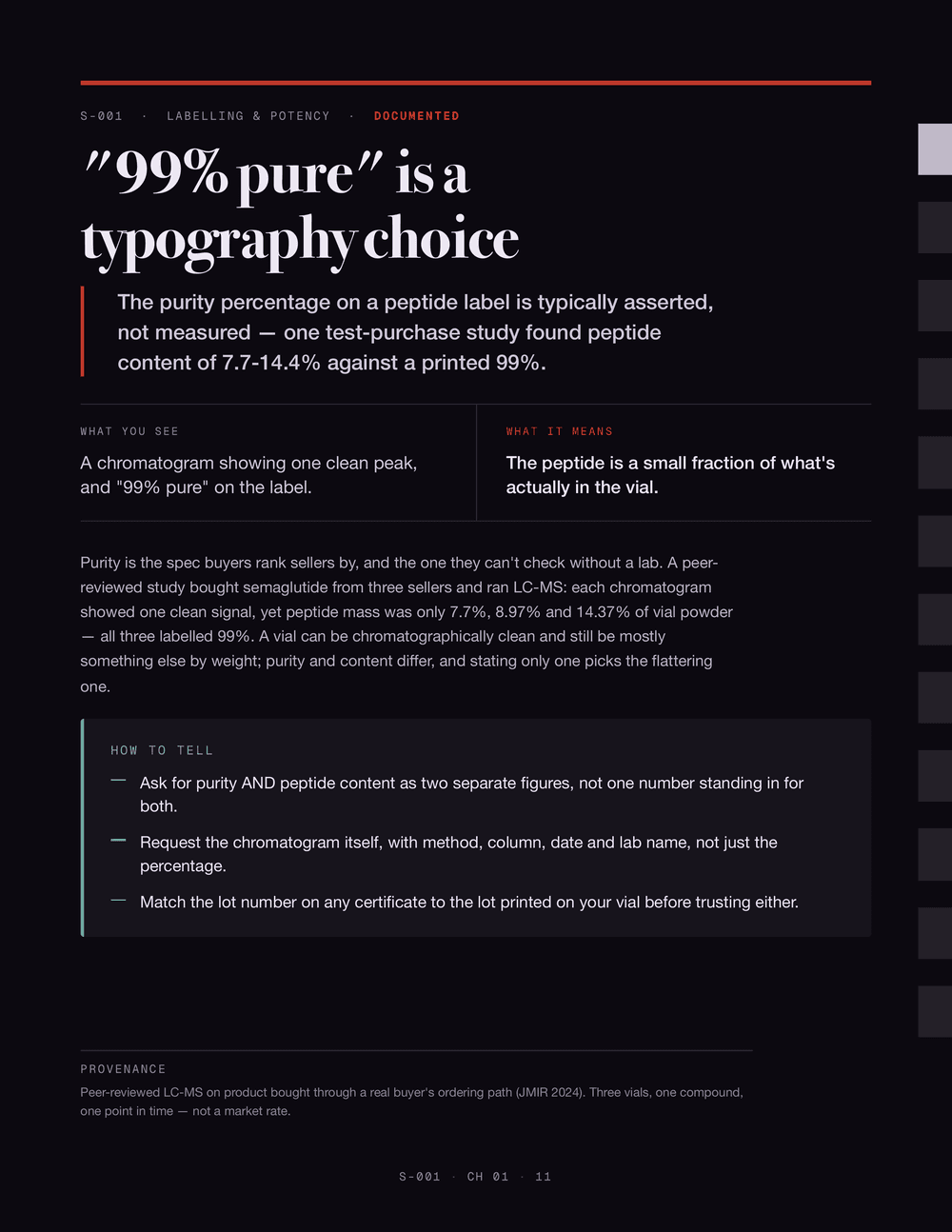 Full page 11 of Book Four: entry S-001, graded DOCUMENTED — the claim that a printed purity percentage is asserted rather than measured, a what-you-see / what-it-means comparison, the evidence paragraph, a HOW TO TELL checklist, and the provenance line naming the peer-reviewed source.