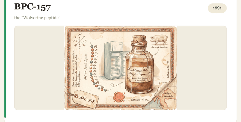 Cropped detail from page 16 of Book Three: the BPC-157 profile's opening — title, 1991 year pill, the subtitle 'the Wolverine peptide', and its vintage naturalist specimen-jar illustration with a hand-drawn amino-acid chain and wax seal.