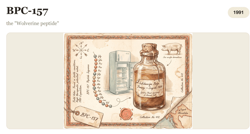 Cropped detail from page 21 of Book Three: the BPC-157 profile's opening — title, 1991 year pill, the subtitle 'the Wolverine peptide', and its vintage naturalist specimen-jar illustration with a hand-drawn amino-acid chain and wax seal.
