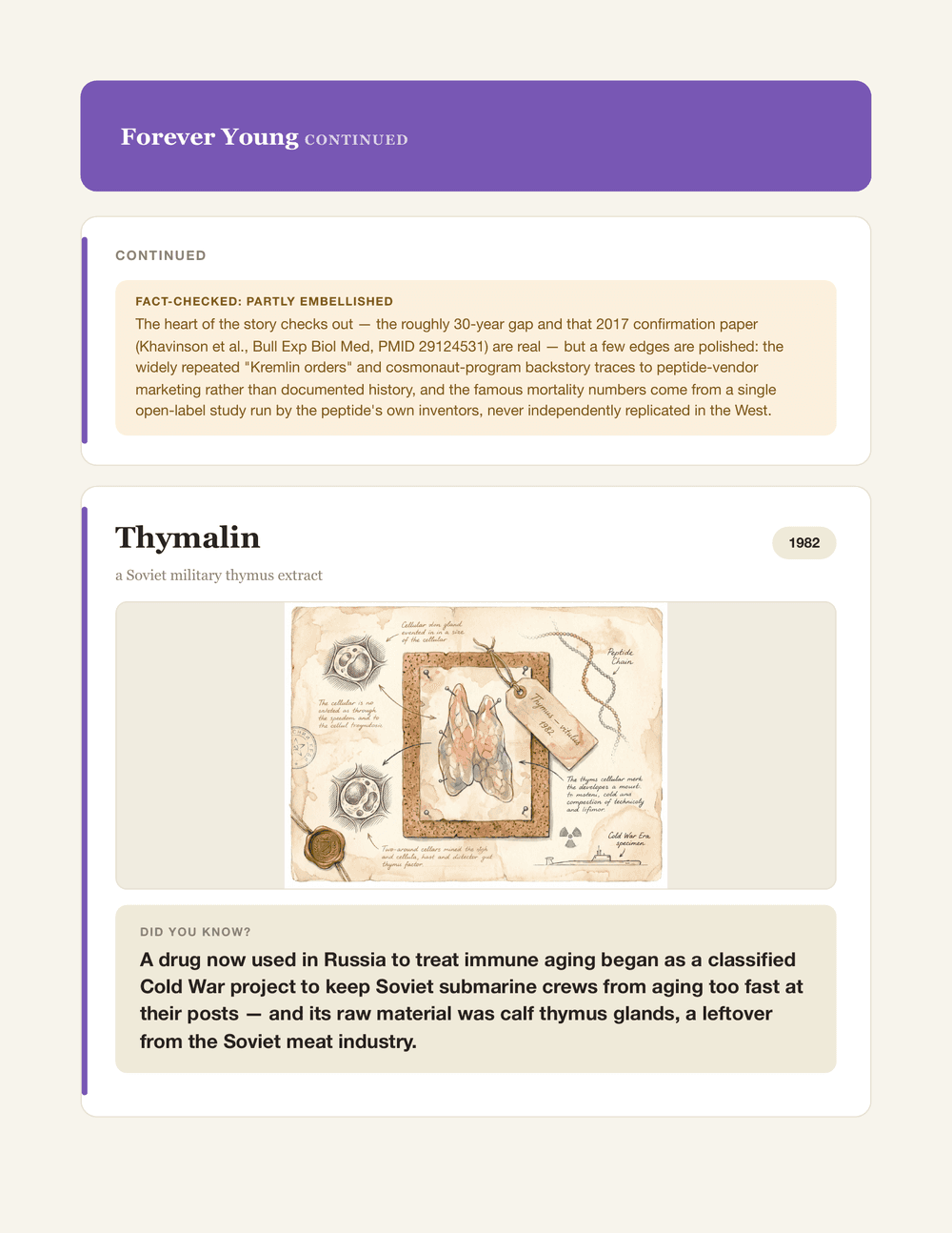Full page 40 of Book Three: a boxed 'fact-checked: partly embellished' verdict callout closing one profile, and the Thymalin profile opening beneath it with a title, 1982 year pill, vintage naturalist thymus-specimen illustration, and a 'Did you know?' callout.